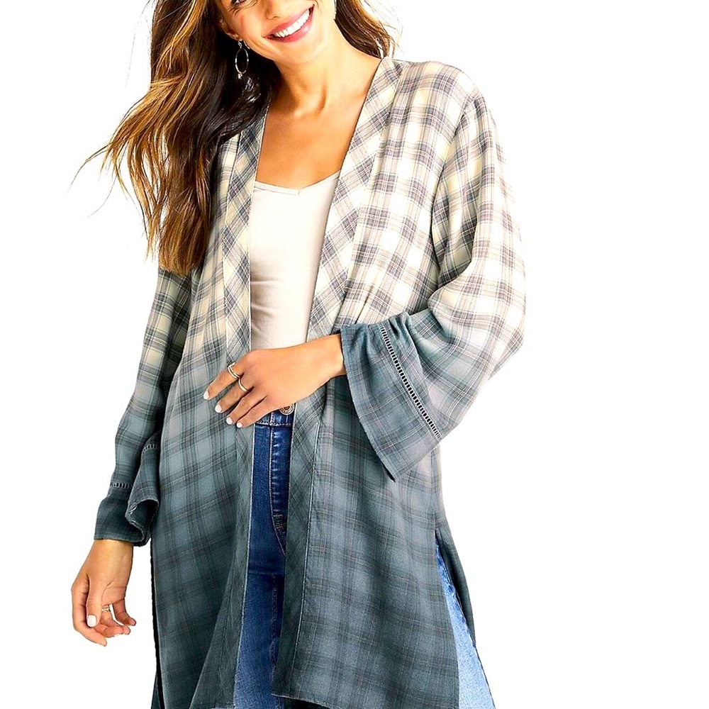 Maurices Medium Ombré Plaid Soft Cardigan in Grey-Blue